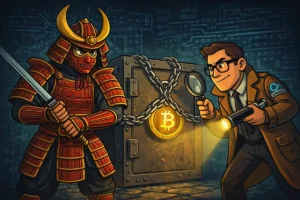 Illustration of a Samourai Wallet recovery concept. On the left, a vigilant samurai in red armor stands guard with a katana, symbolizing the strong encryption and security of the Samourai Wallet. At the center, a large vault locked with chains and a glowing Bitcoin symbol represents inaccessible cryptocurrency. On the right, a crypto recovery expert in a trench coat, holding a flashlight and magnifying glass, inspects the vault—representing the technical process of recovering lost crypto assets. The background features digital circuitry, reinforcing the high-tech crypto theme.